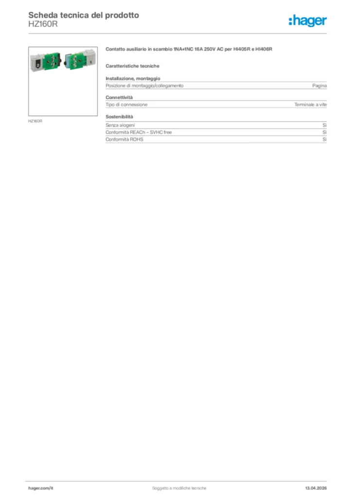 Immagine Hager Scheda tecnica del prodotto HZ160R | Hager Italia