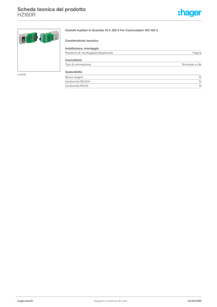 Immagine Hager Scheda tecnica del prodotto HZ160R | Hager Italia