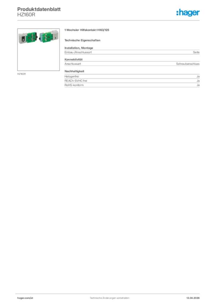 Bild Hager Produktdatenblatt HZ160R | Hager Deutschland