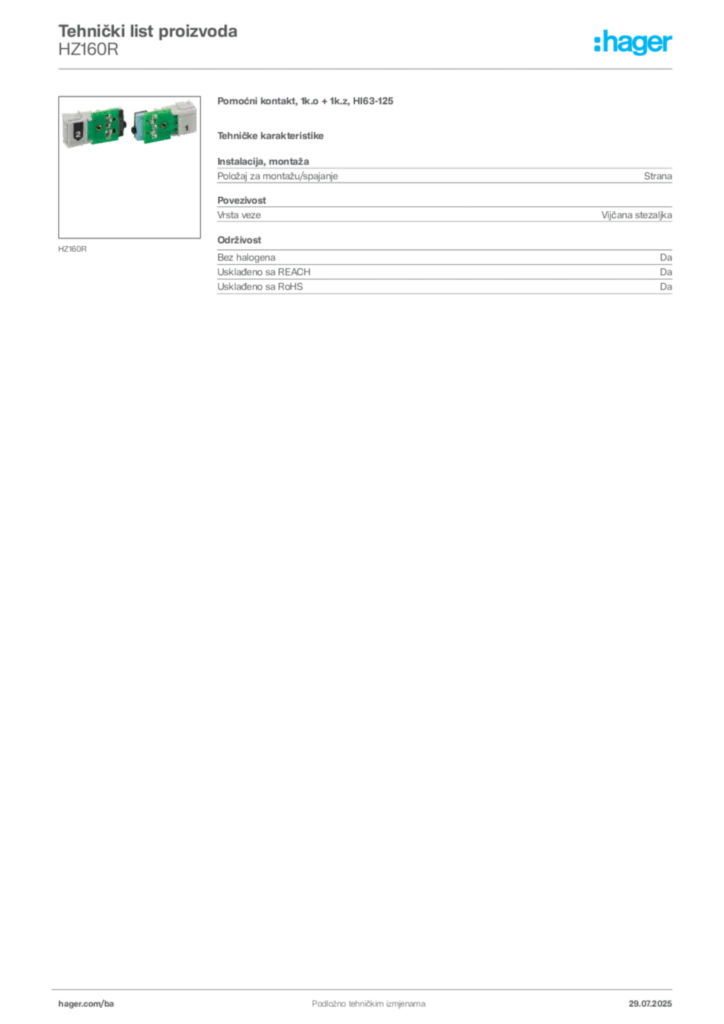 Slika Hager Product data sheet HZ160R  | Hager