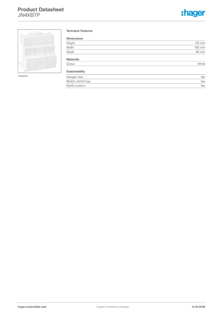 Image Hager Product data sheet JN4XBTP  | Hager