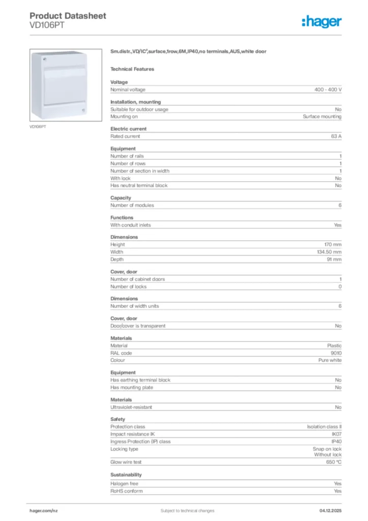 Image Hager Product data sheet VD106PT  | Hager New Zealand