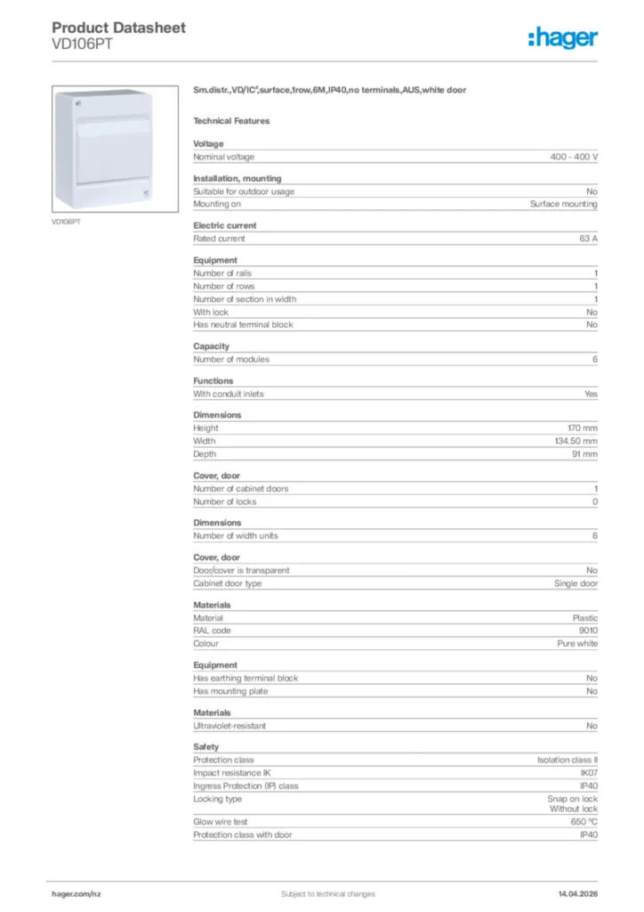 Image Hager Product data sheet VD106PT  | Hager New Zealand