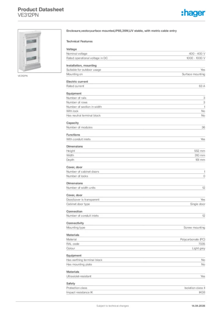 Image Hager Product data sheet VE312PN  | Hager Africa