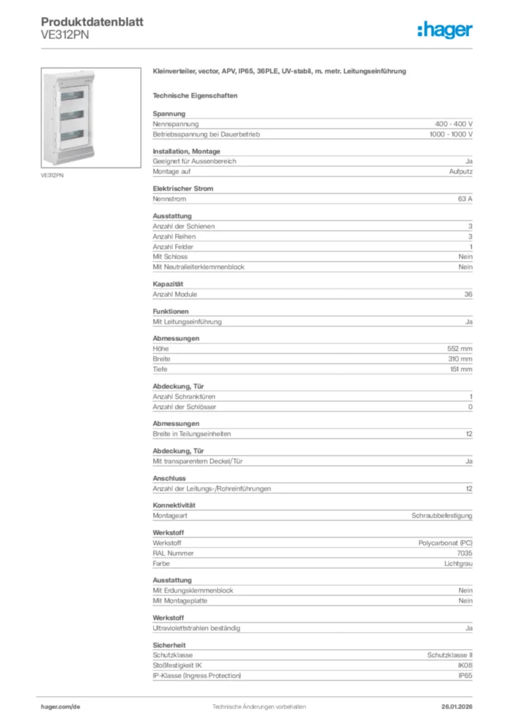 Hager Produktdatenblatt VE312PN