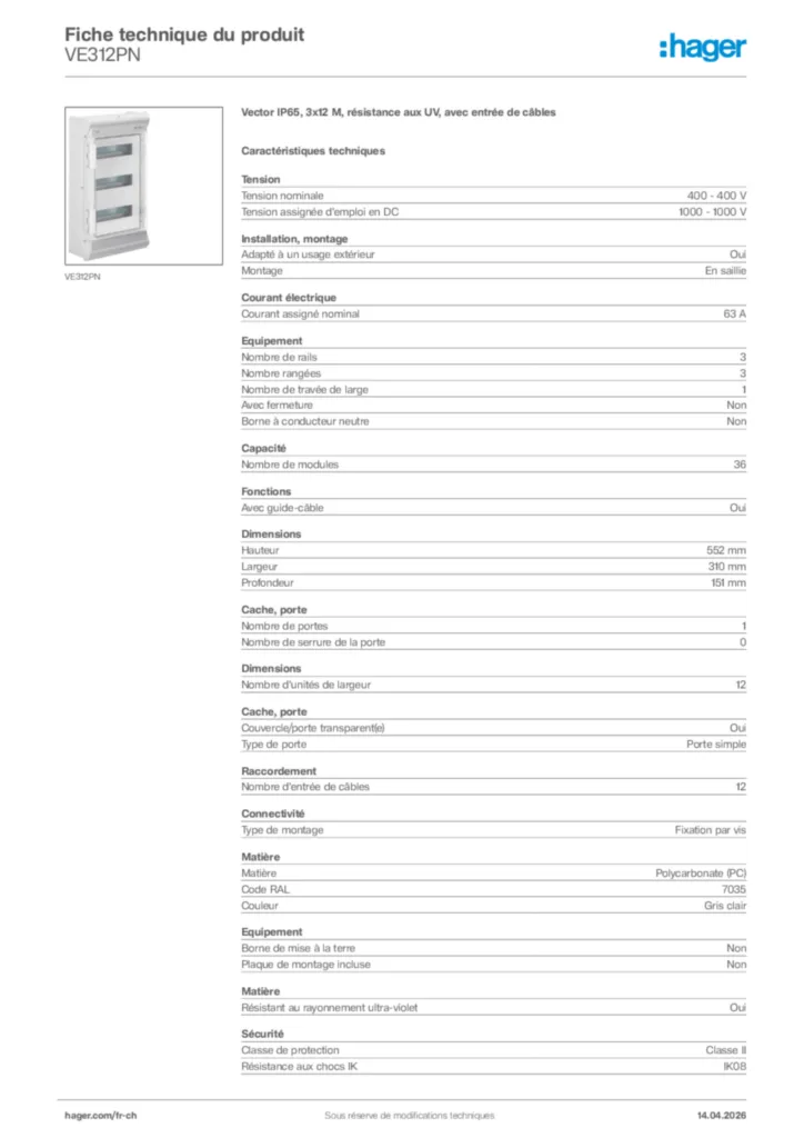 Image Hager Fiche technique du produit VE312PN | Hager Suisse