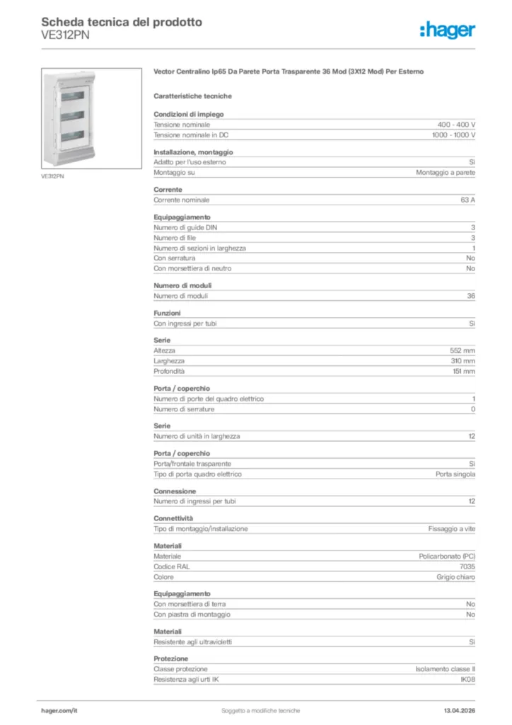 Immagine Hager Scheda tecnica del prodotto VE312PN | Hager Italia