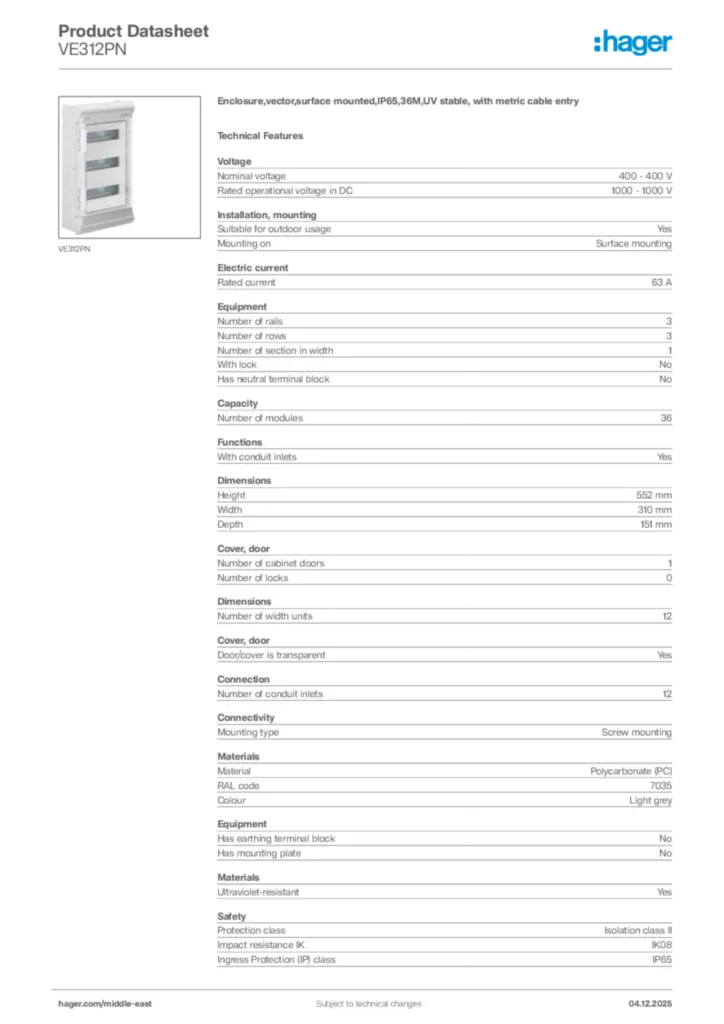 Image Hager Product data sheet VE312PN  | Hager