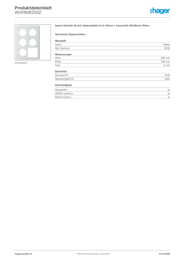Bild Hager Produktdatenblatt WH11941200Z | Hager Schweiz
