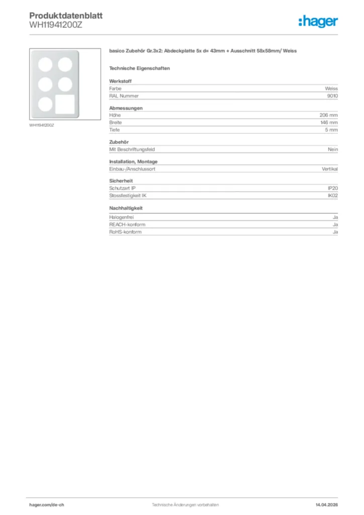 Bild Hager Produktdatenblatt WH11941200Z | Hager Schweiz