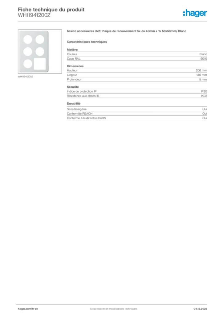 Image Hager Fiche technique du produit WH11941200Z | Hager Suisse