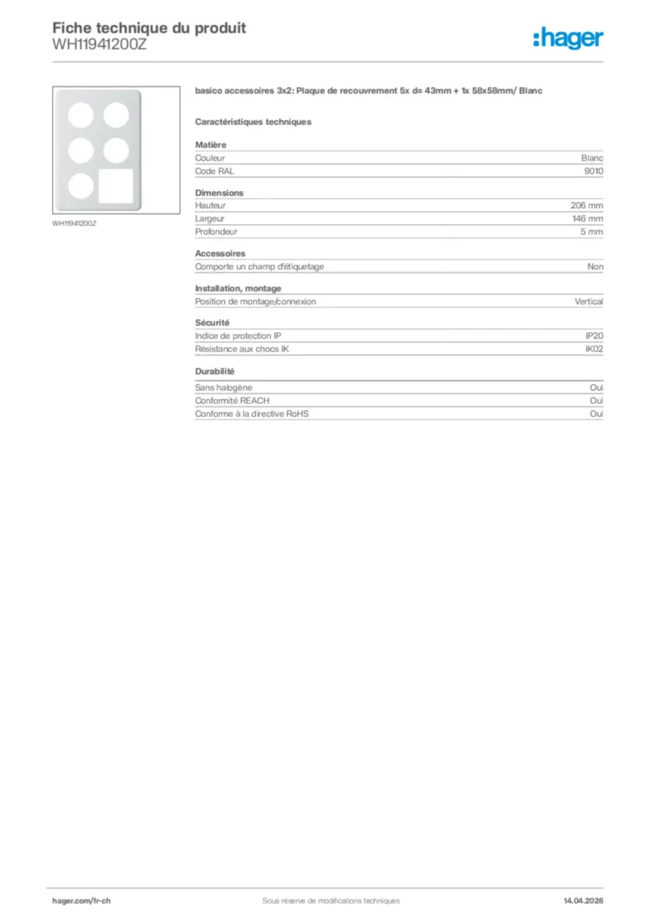 Image Hager Fiche technique du produit WH11941200Z | Hager Suisse