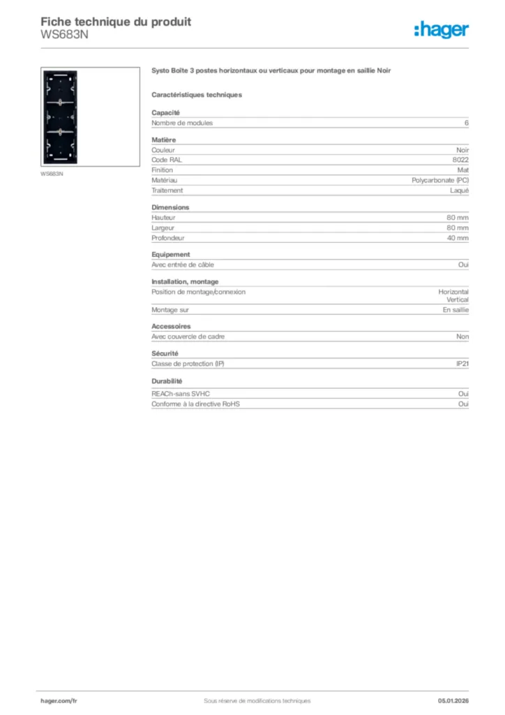 Image Hager Fiche technique du produit WS683N | Hager France