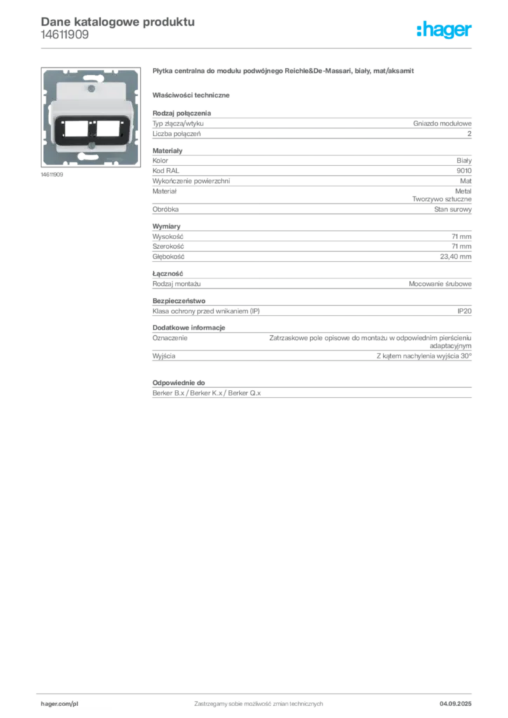 Zdjęcie Hager Dane katalogowe produktu 14611909 | Hager Polska