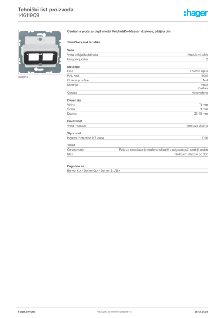 Slika Hager Product data sheet 14611909  | Hager