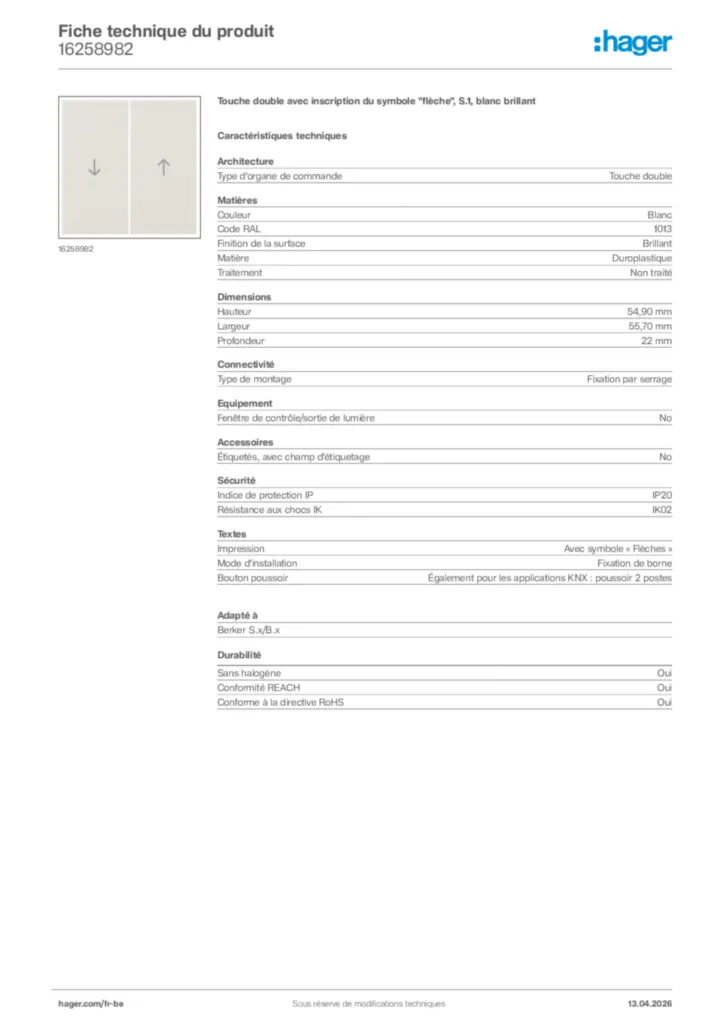 Image Hager Fiche technique du produit 16258982 | Hager Belgique