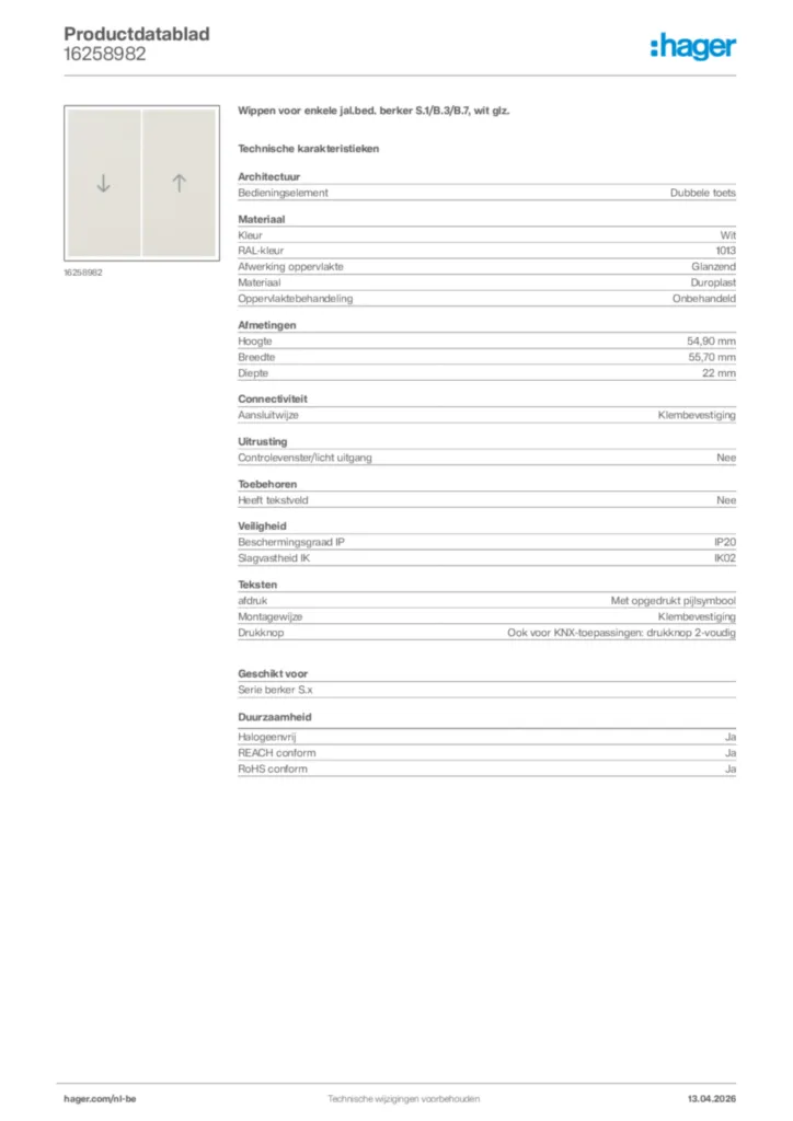 Afbeelding Hager Productdatablad 16258982 | Hager Belgium