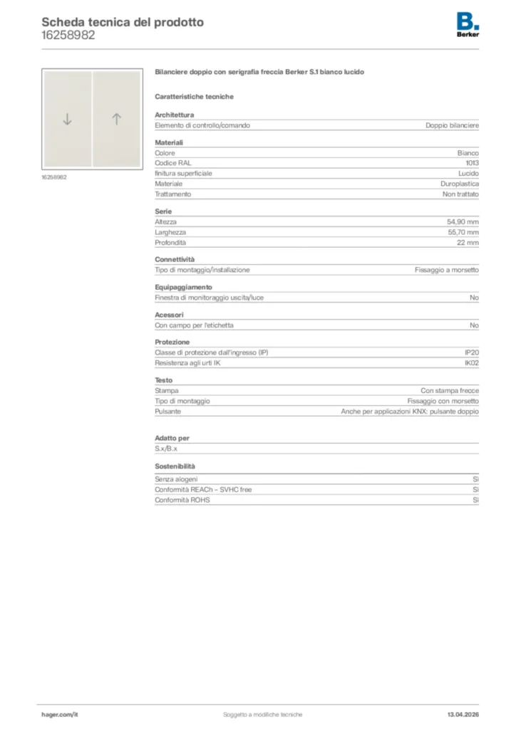 Immagine Berker Scheda tecnica del prodotto 16258982 | Hager Italia