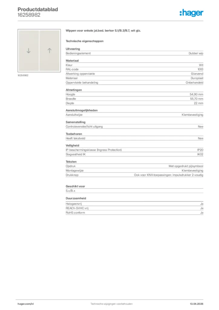 Afbeelding Hager Productdatablad 16258982 | Hager Nederland