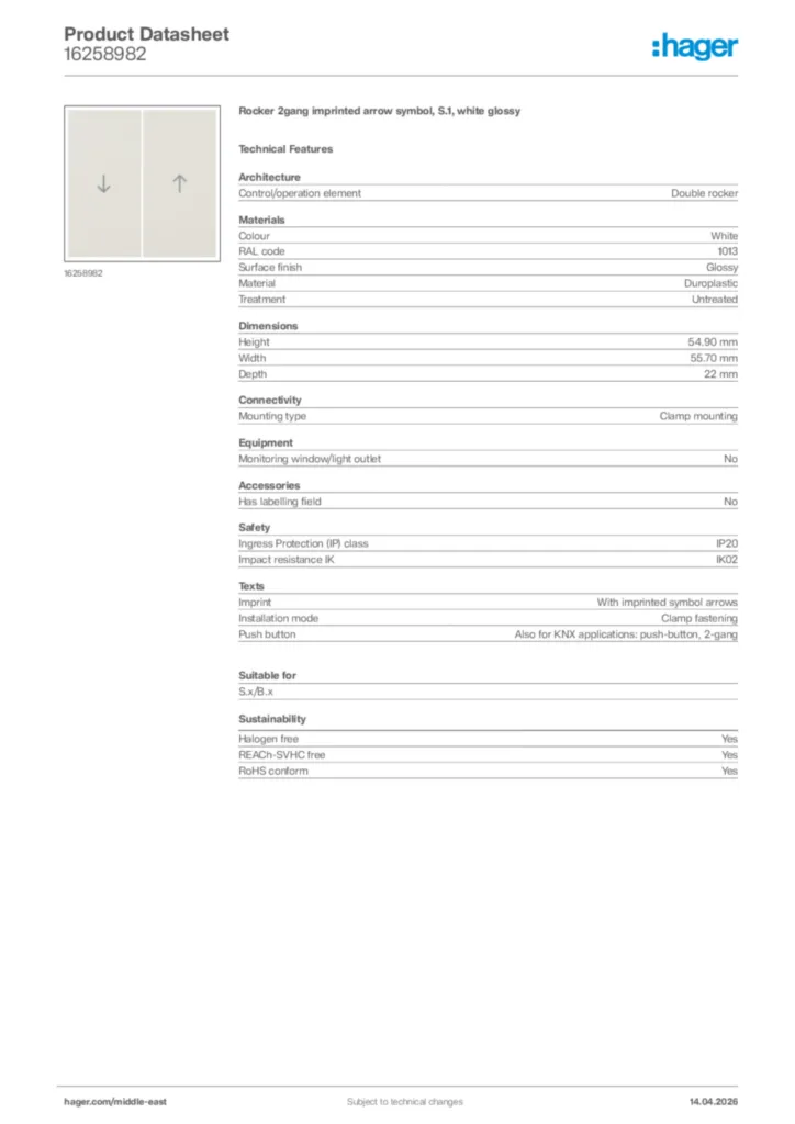 Image Hager Product data sheet 16258982  | Hager