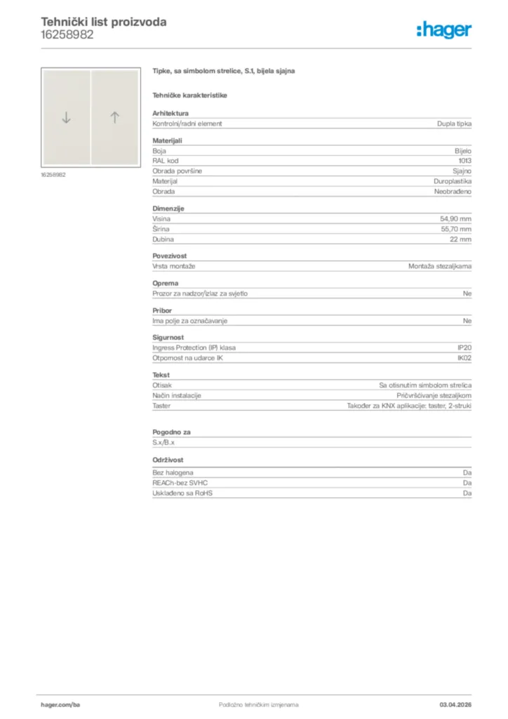 Slika Hager Tehnički list proizvoda 16258982  | Hager