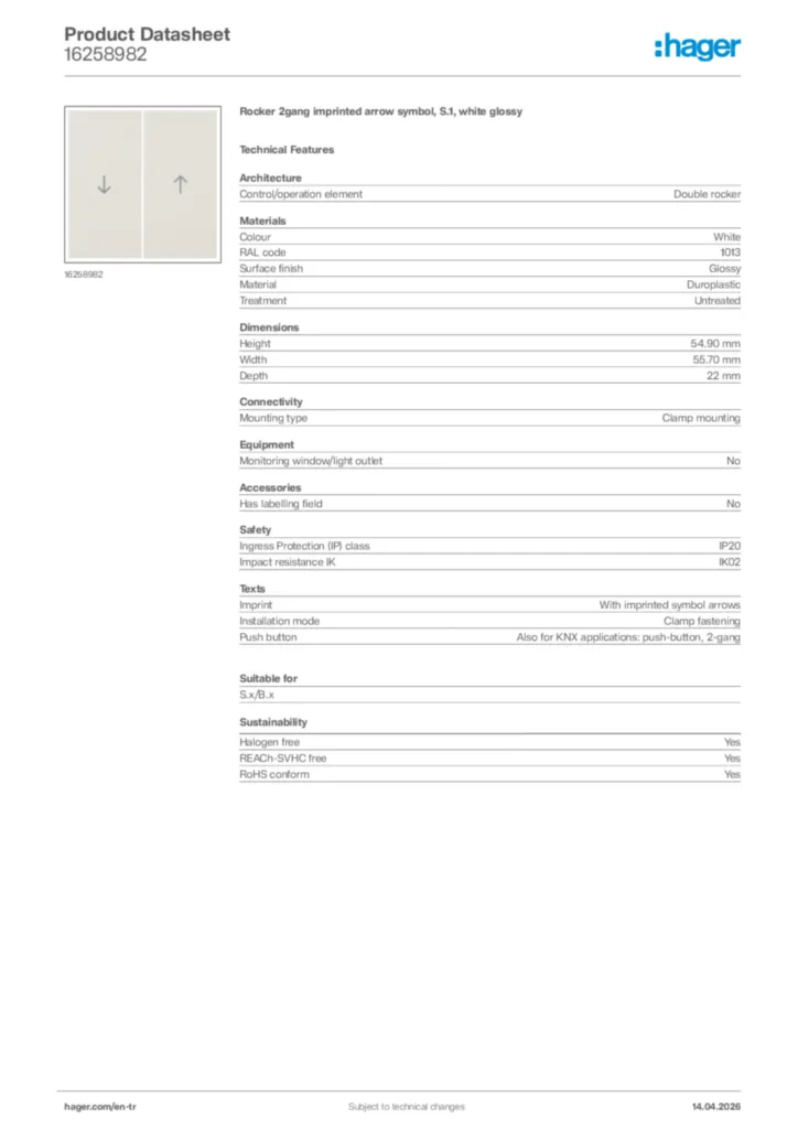 Image Hager Product data sheet 16258982  | Hager