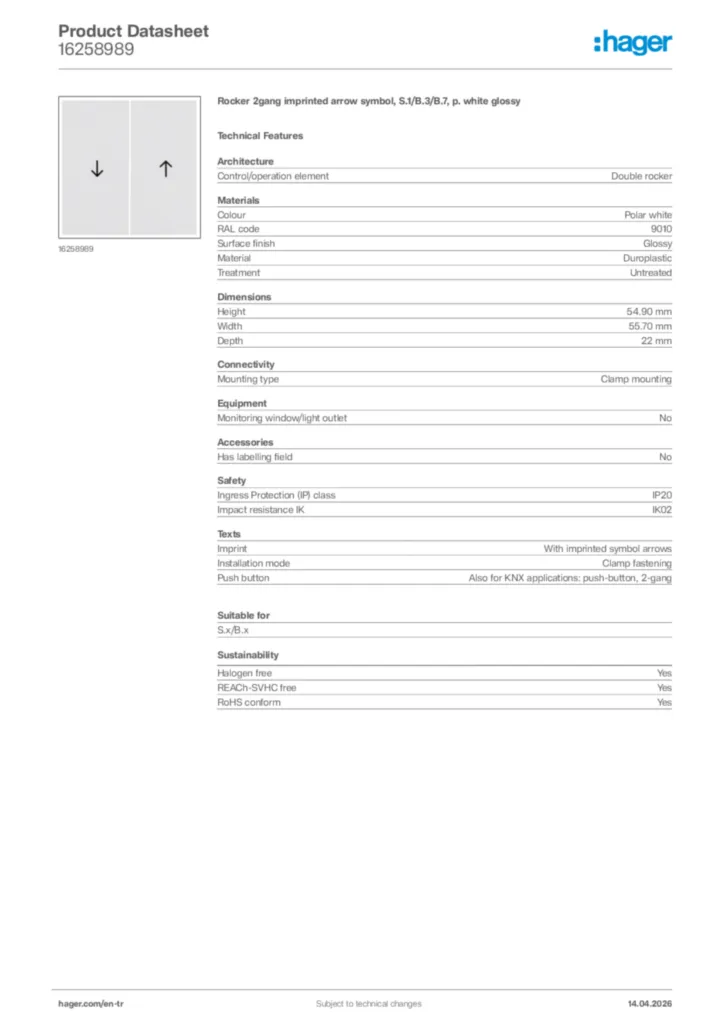 Image Hager Product data sheet 16258989  | Hager