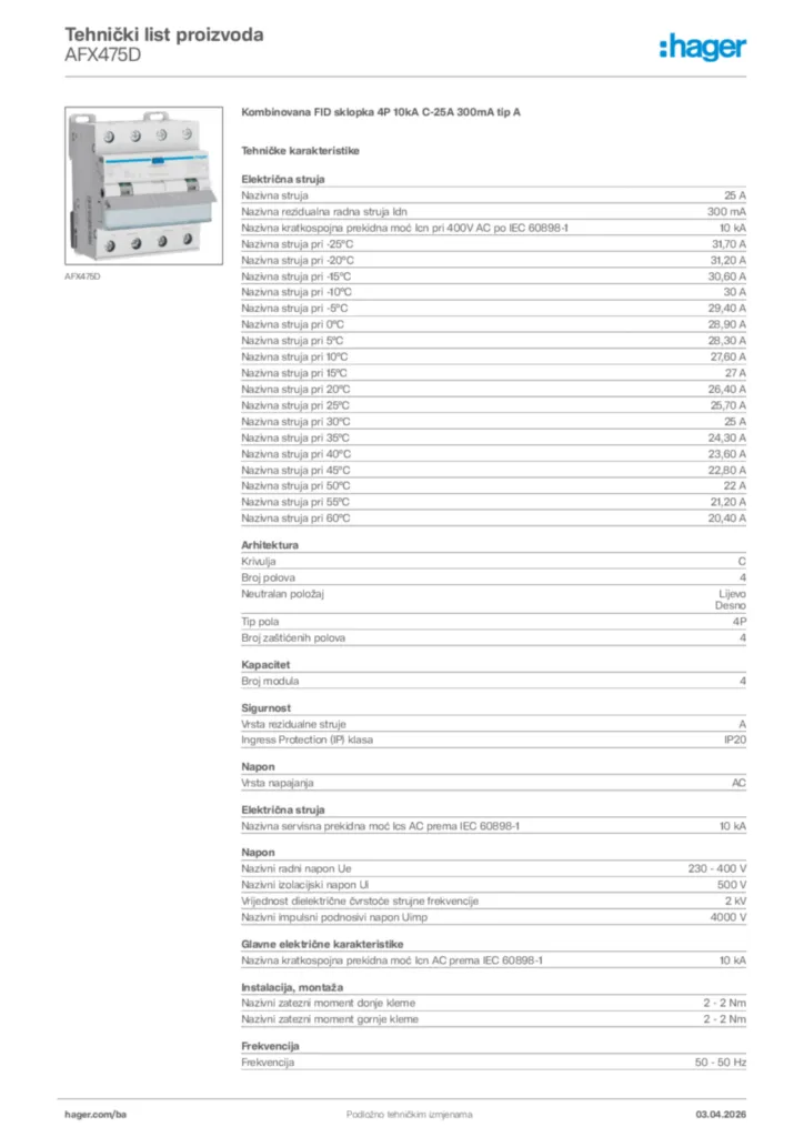 Slika Hager Tehnički list proizvoda AFX475D  | Hager