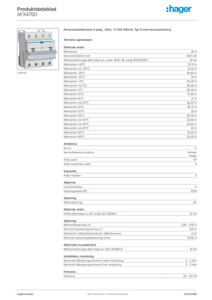 Bild Hager Produktdatablad AFX475D | Hager Sverige
