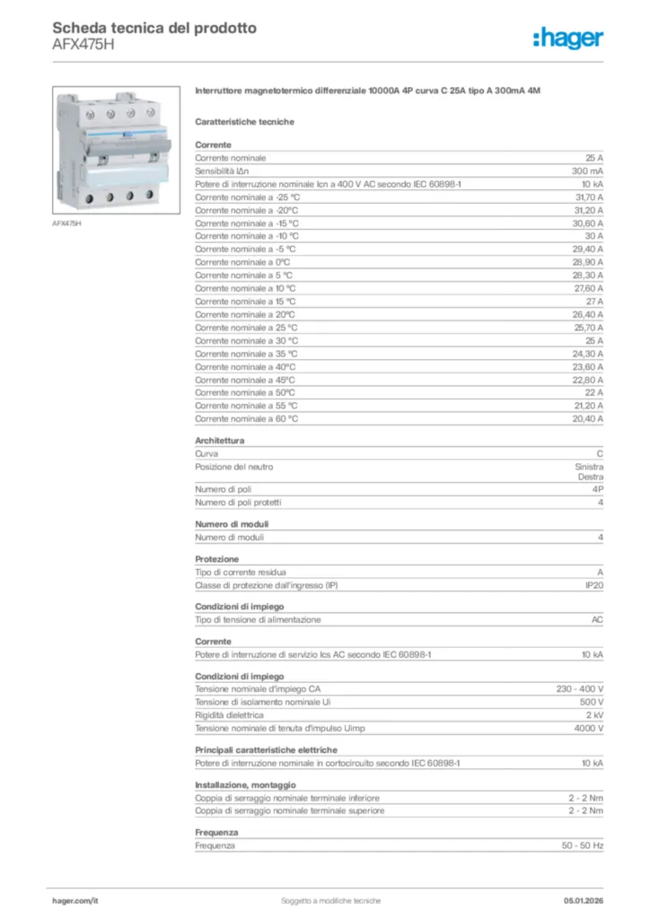 Immagine Hager Scheda tecnica del prodotto AFX475H | Hager Italia