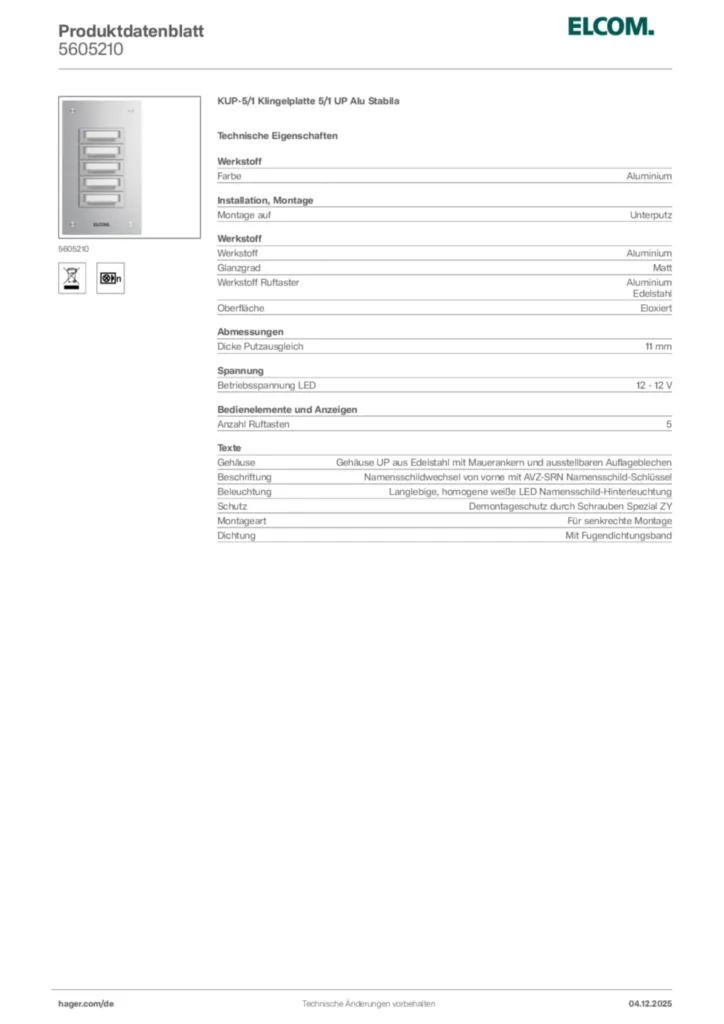 Bild Elcom Produktdatenblatt 5605210 | Hager Deutschland