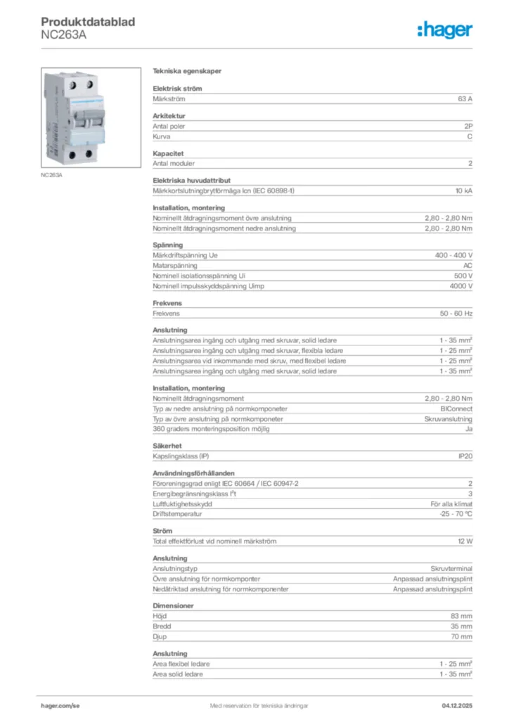 Bild Hager Produktdatablad NC263A | Hager Sverige