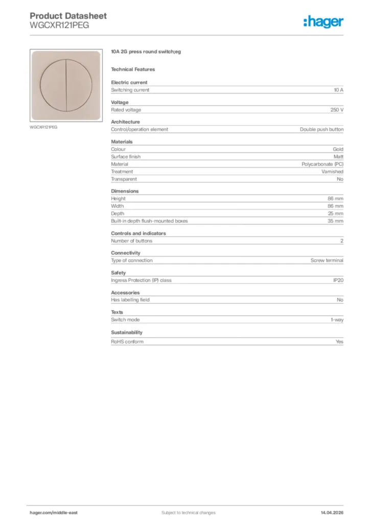 Image Hager Product data sheet WGCXR121PEG  | Hager