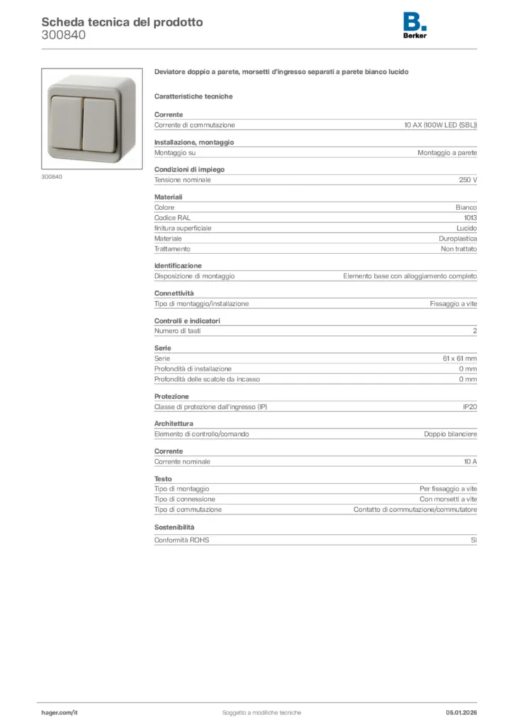 Immagine Berker Scheda tecnica del prodotto 300840 | Hager Italia