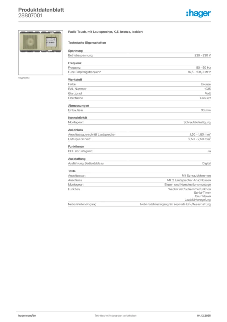 Bild Hager Produktdatenblatt 28807001 | Hager Deutschland