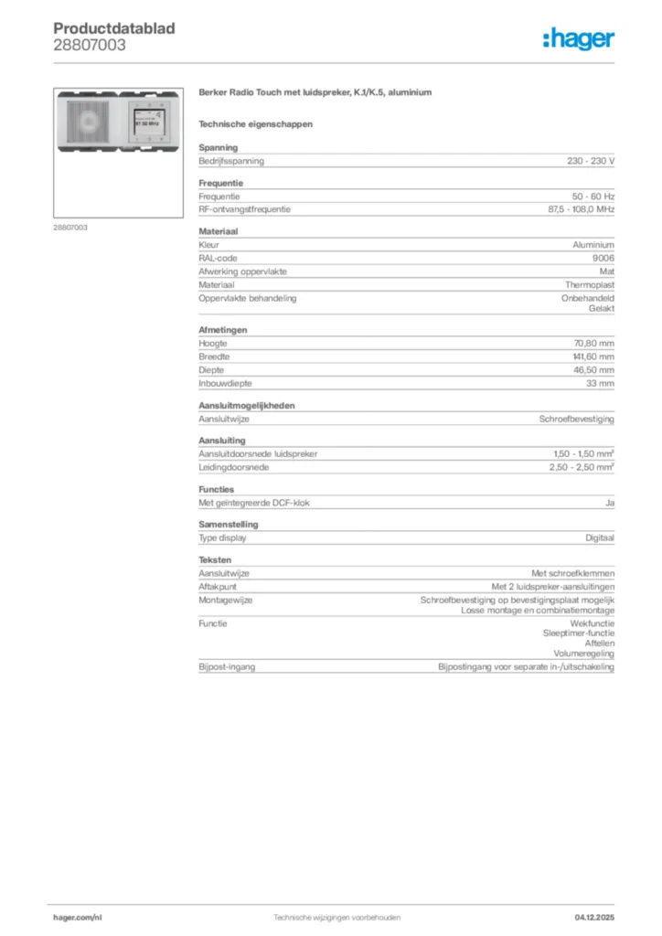 Afbeelding Hager Productdatablad 28807003 | Hager Nederland