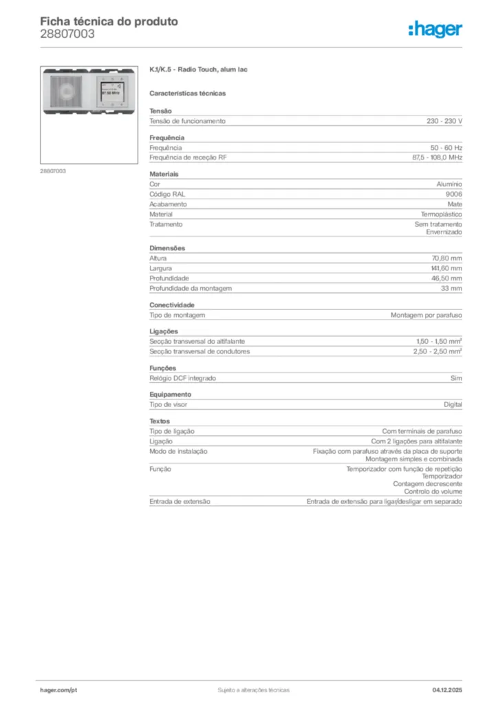 Imagem Hager Ficha técnica do produto 28807003 | Hager Portugal