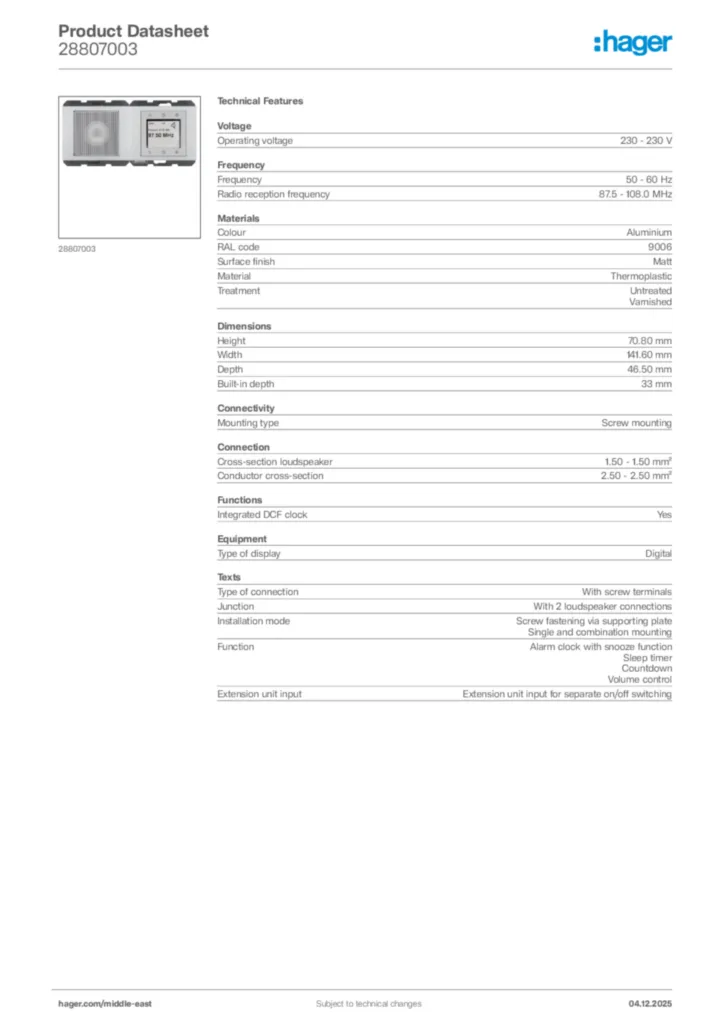 Image Hager Product data sheet 28807003  | Hager