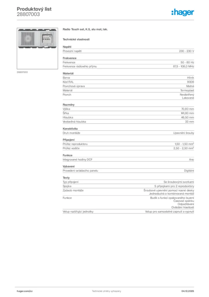 Obrázek Hager Product data sheet 28807003 | Hager