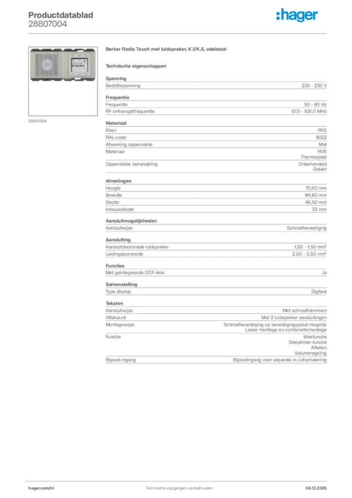 Afbeelding Hager Productdatablad 28807004 | Hager Nederland
