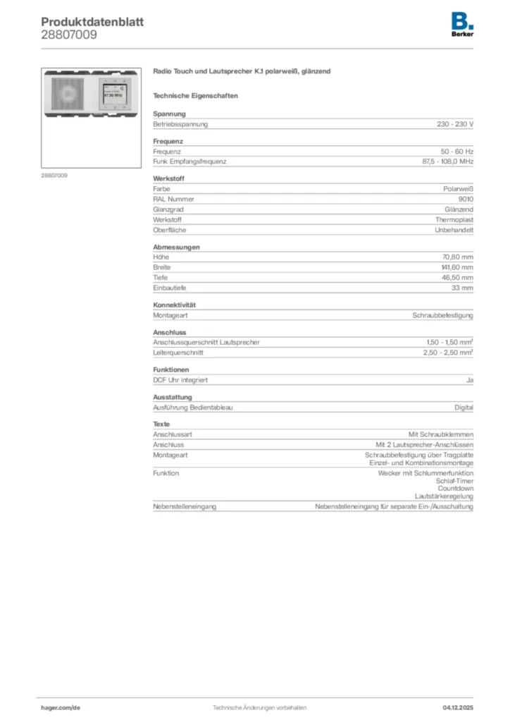 Bild Berker Produktdatenblatt 28807009 | Hager Deutschland