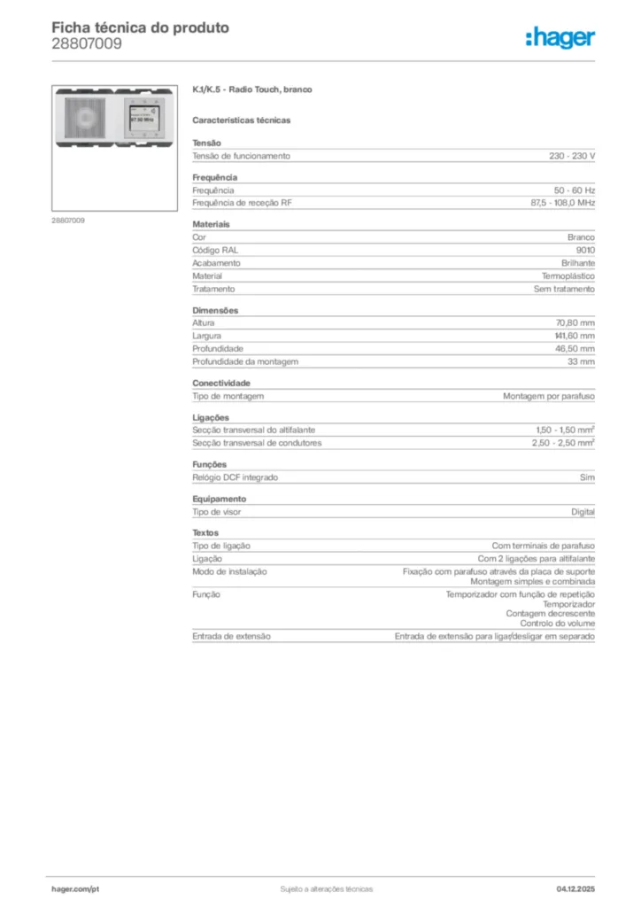 Imagem Hager Ficha técnica do produto 28807009 | Hager Portugal