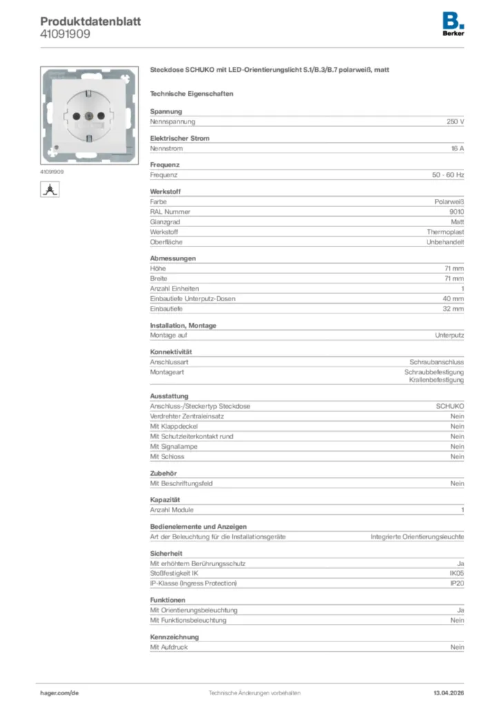 Bild Berker Produktdatenblatt 41091909 | Hager Deutschland