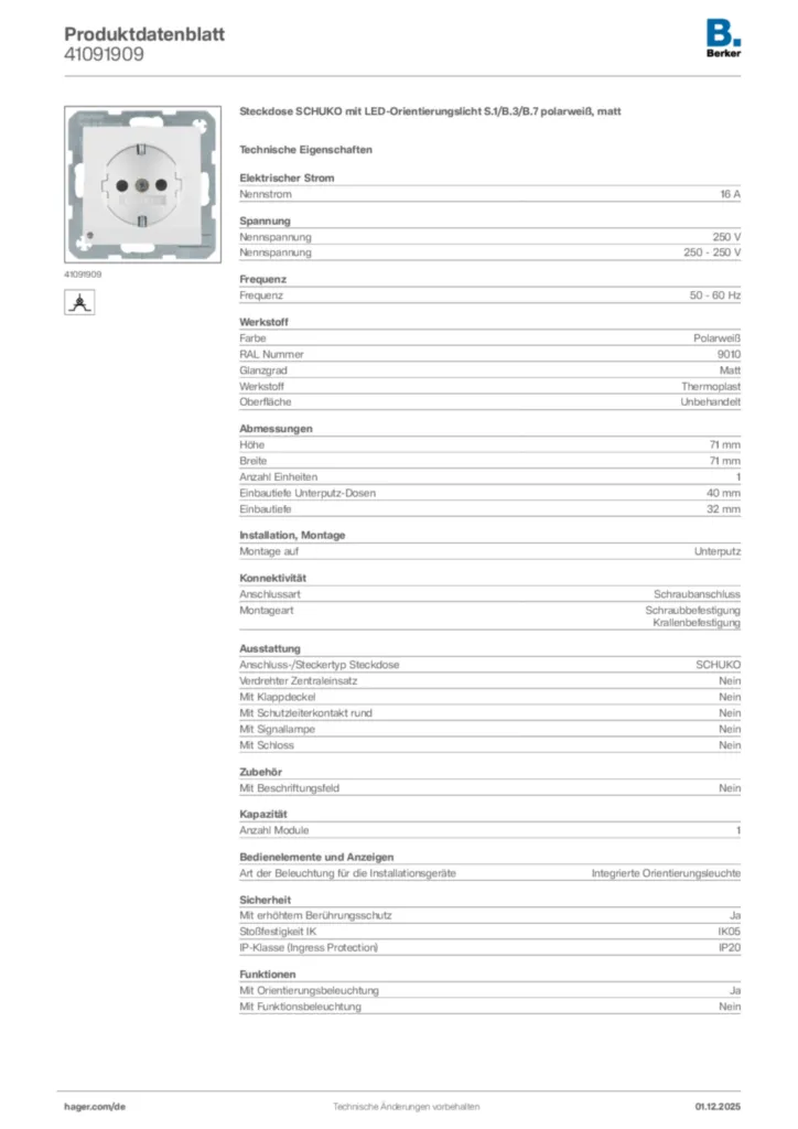 Bild Berker Produktdatenblatt 41091909 | Hager Deutschland