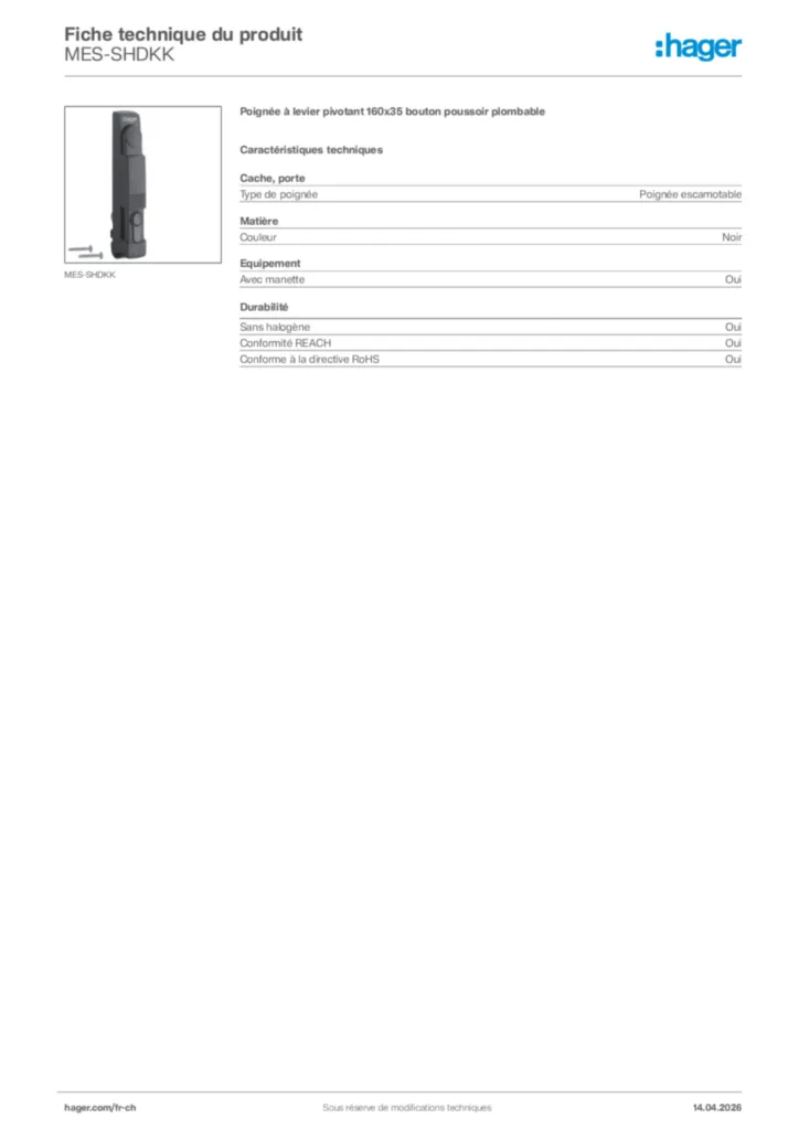 Image Hager Fiche technique du produit MES-SHDKK | Hager Suisse
