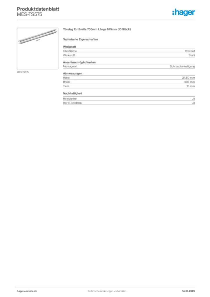 Bild Hager Produktdatenblatt MES-TS575 | Hager Schweiz