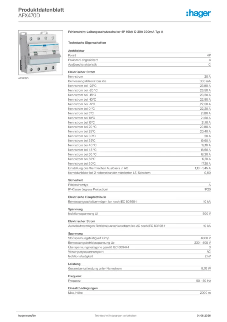 Bild Hager Produktdatenblatt AFX470D | Hager Deutschland