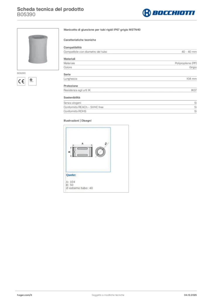 Immagine Bocchiotti Scheda tecnica del prodotto B05390 | Hager Italia