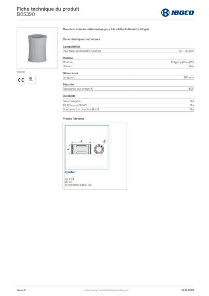 Image Iboco Fiche technique du produit B05390 | Hager France
