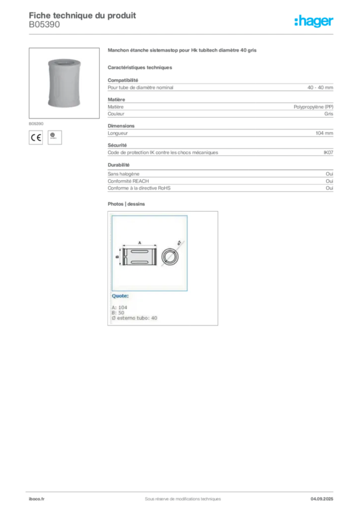 Image Iboco Fiche technique du produit B05390 | Hager France